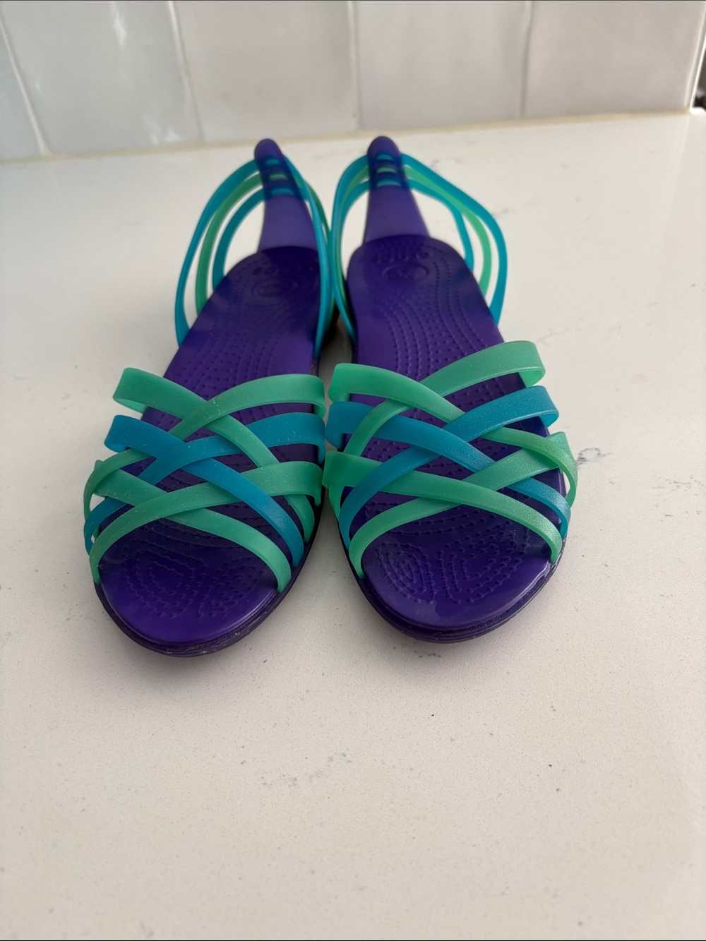 CROCS Women's Purple Footbed Teal & Aqua Strappy Sandals-Size 9